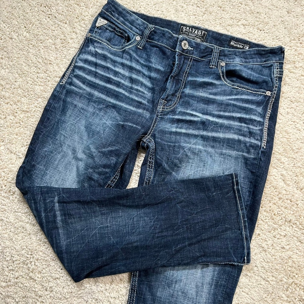Salvage Mayhem Straight Jeans 38x32 Blue Buckle Exclusive Regular Fit Stretch